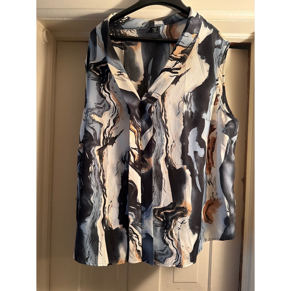 Shein Curve 4XL Abstract Marble Print Sleeveless V-Neck Blouse Blue Black Tan